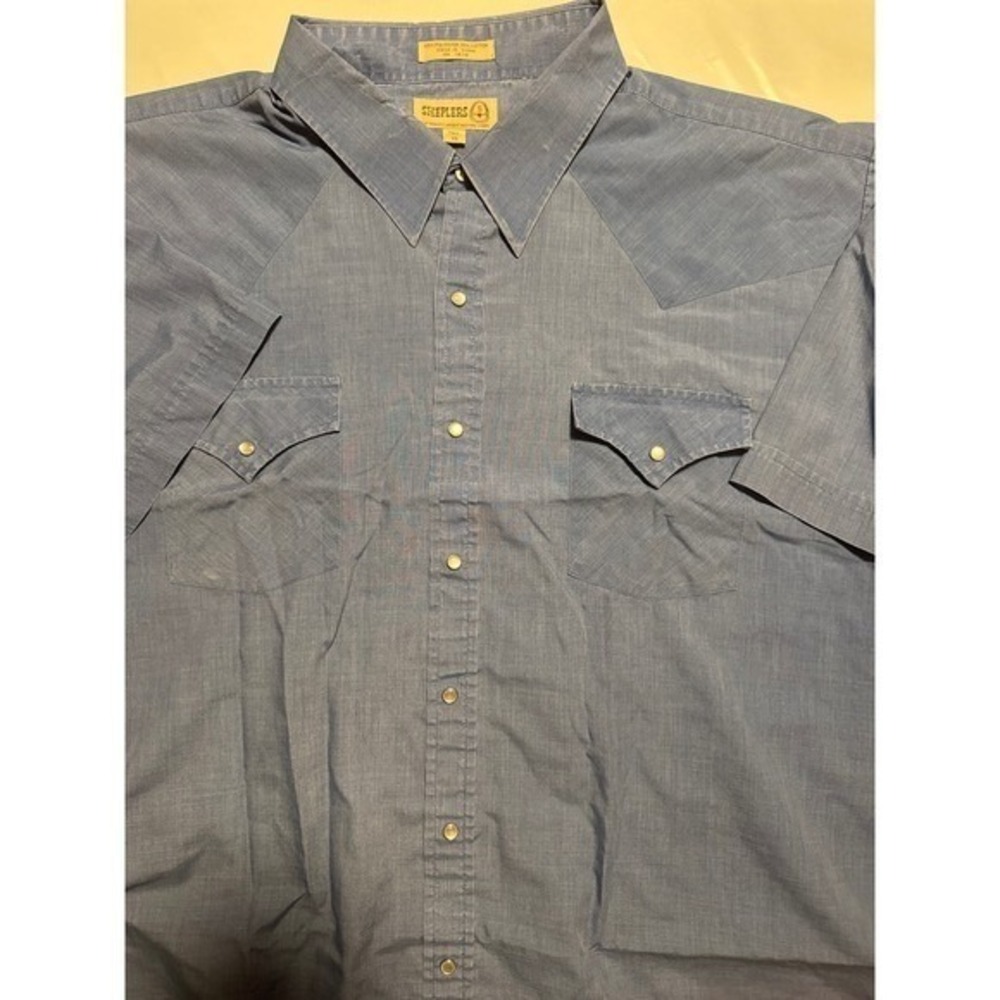 Sheplers Western Shirt Mens Tall 19 Short Sleeve‎ Pearl Snap Cowboy Blue